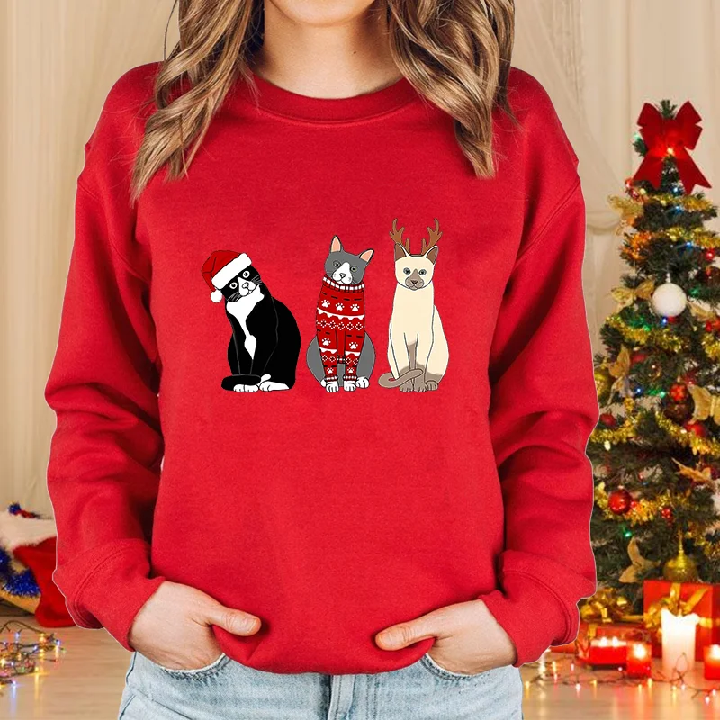 Christmas Cat Pattern Pullover Women's Fashion Casual Loose Sweater Cute Christmas Cat Top