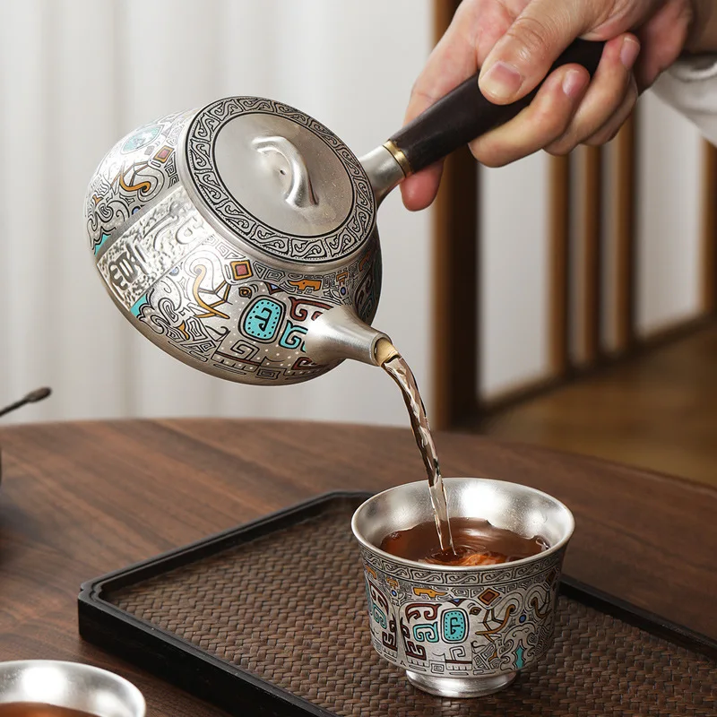 999 Pure Silver Liner Enamel Gongfu Tea Set, 1 Pot 4 Cups, Taotie Pattern Side-handle Teapot, Luxury Collectible Chinese Tea Set view 4