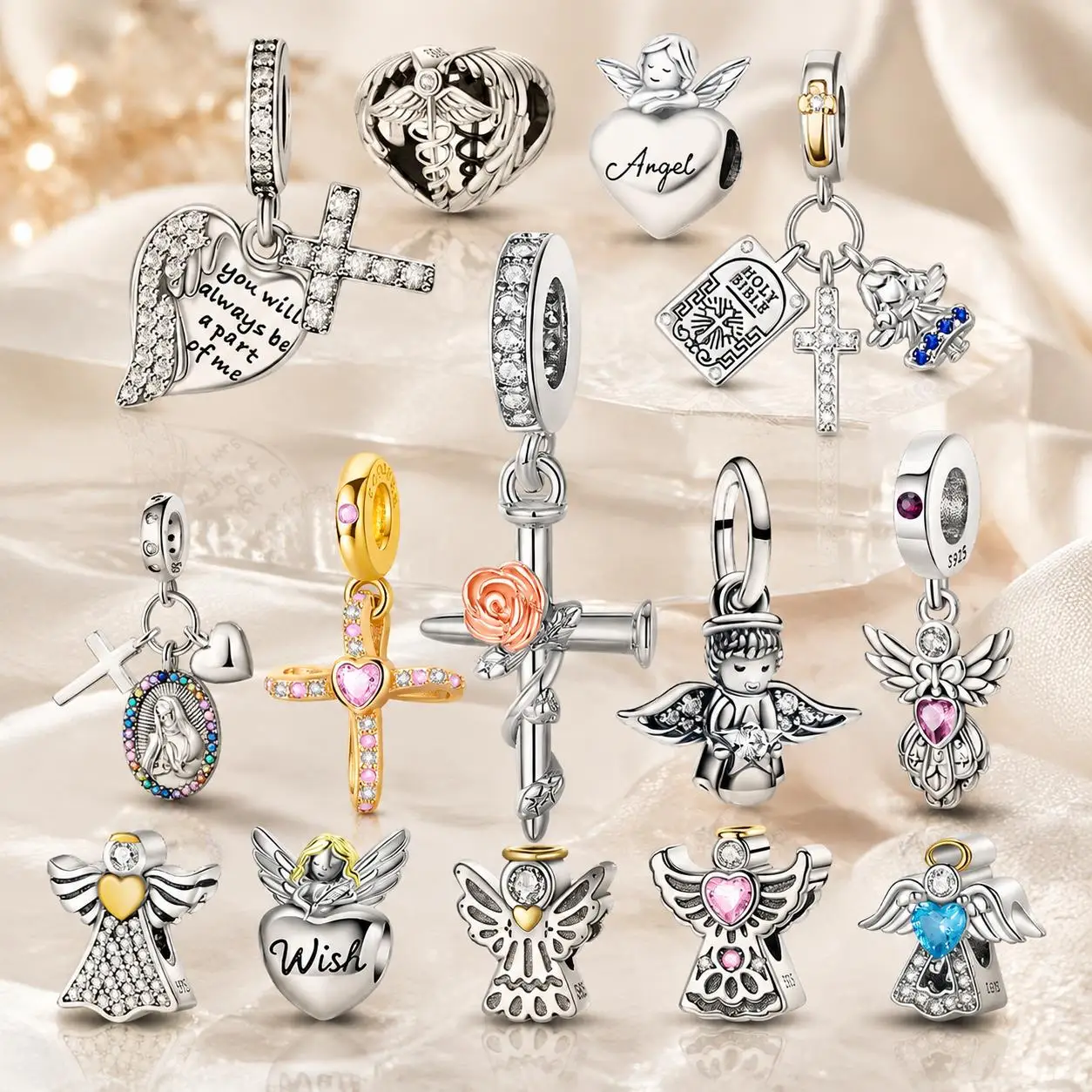 Charms 925 Sterling Silver The Cross Angels And The Bible Pendant Beads Fit Original Bracelet Necklace DIY Womens Jewelry Gift