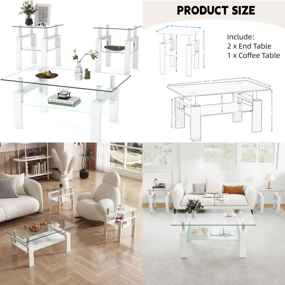 

Современный набор столов для гостиной из трех предметов с журнальным столиком из закаленного стекла и торцевыми столиками в черном металлическом каркасе