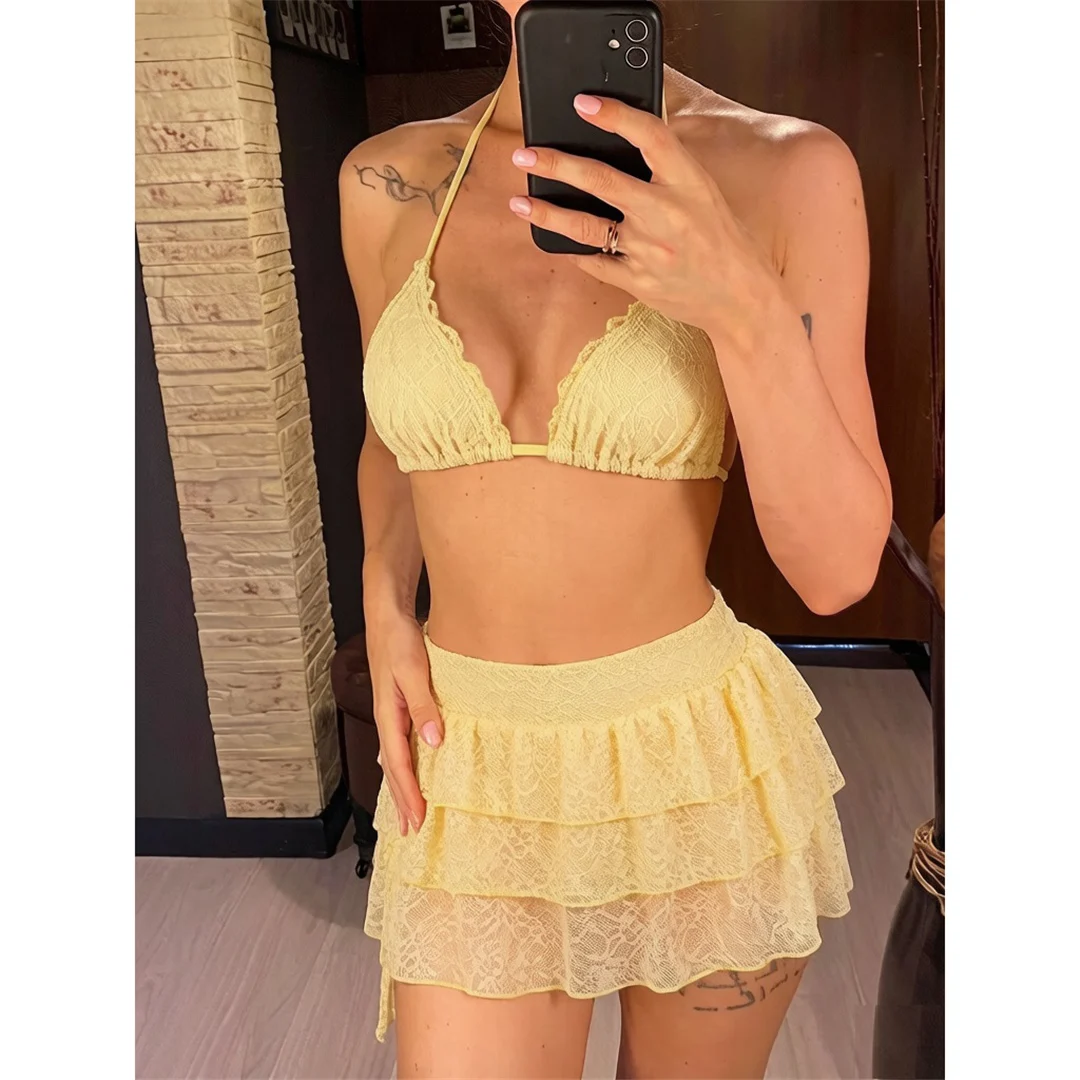 Mit Rüschenrock, Neckholder-Bikini, Damen-Badeanzug, dreiteiliges Bikini-Set, gepolsterter Badeanzug, Badebekleidung, Badeanzug V8400 – Detail 2