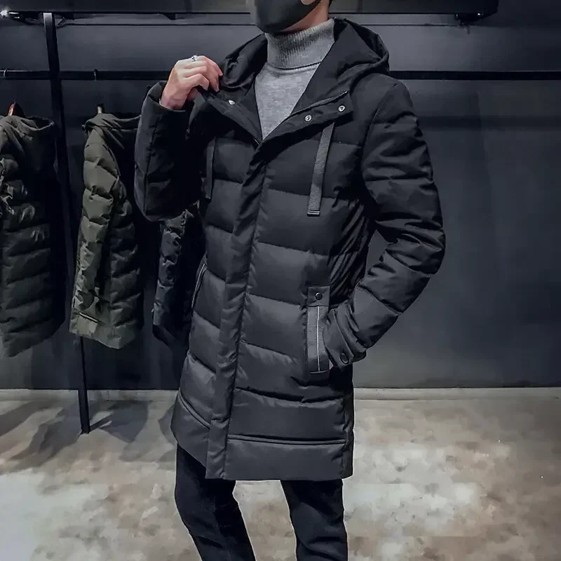 Jaqueta acolchoada monocromática masculina, Parka estilo longo, casaco com capuz à prova de vento, roupa de neve ao ar livre, clássica, grossa,