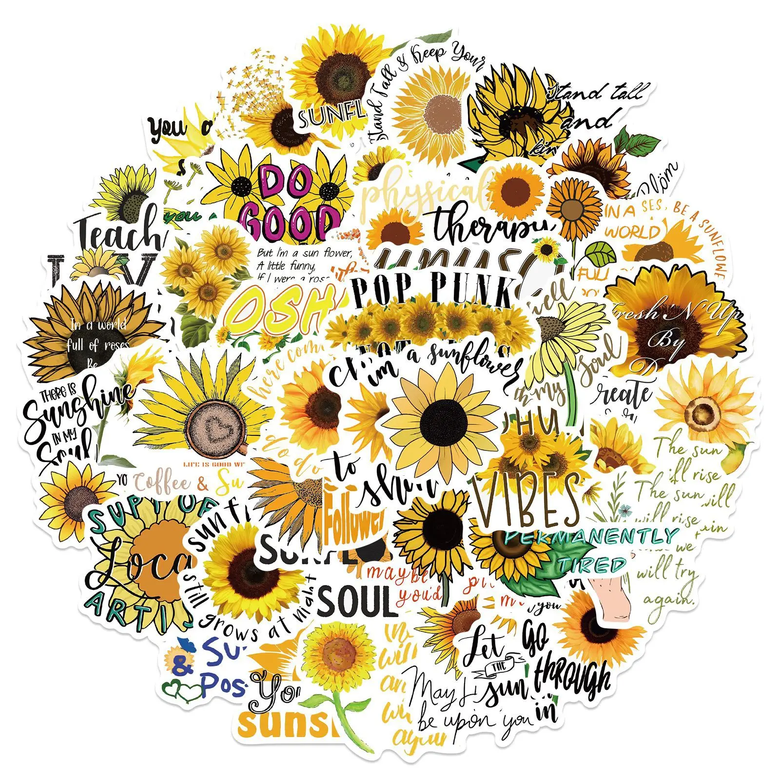 50Pcs Inspirational Sunflower Graffiti Stickers Water Bottle Laptop Phone Bicycle Luggage Case Skateboard Children Adult Sticker