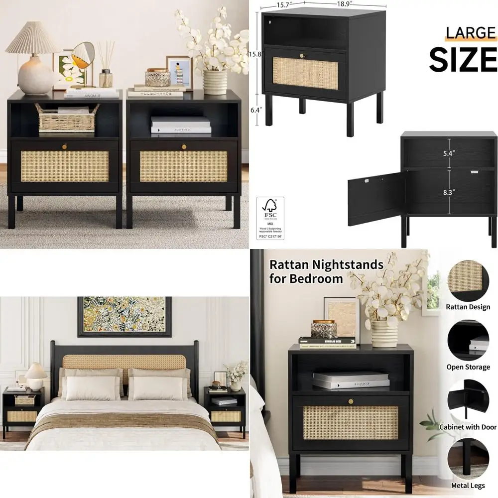 Boho Style Black Nightstand Duo with Open Storage and Metal Legs