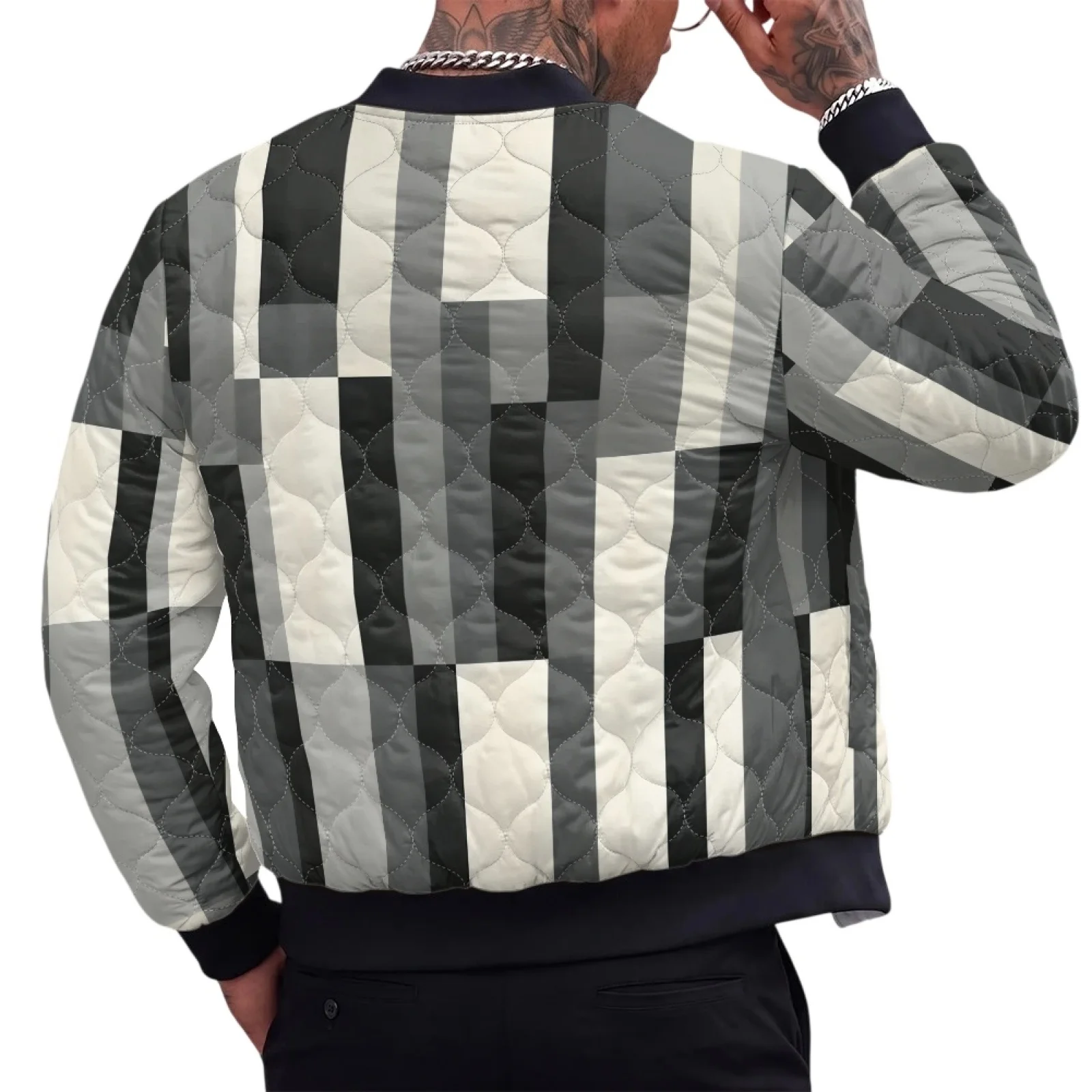 PENSTROLL Grey Checkered Plaid Mens Lightweight Zip up Padded Outerwear for Everyday Cozy Winter Coats for Travel