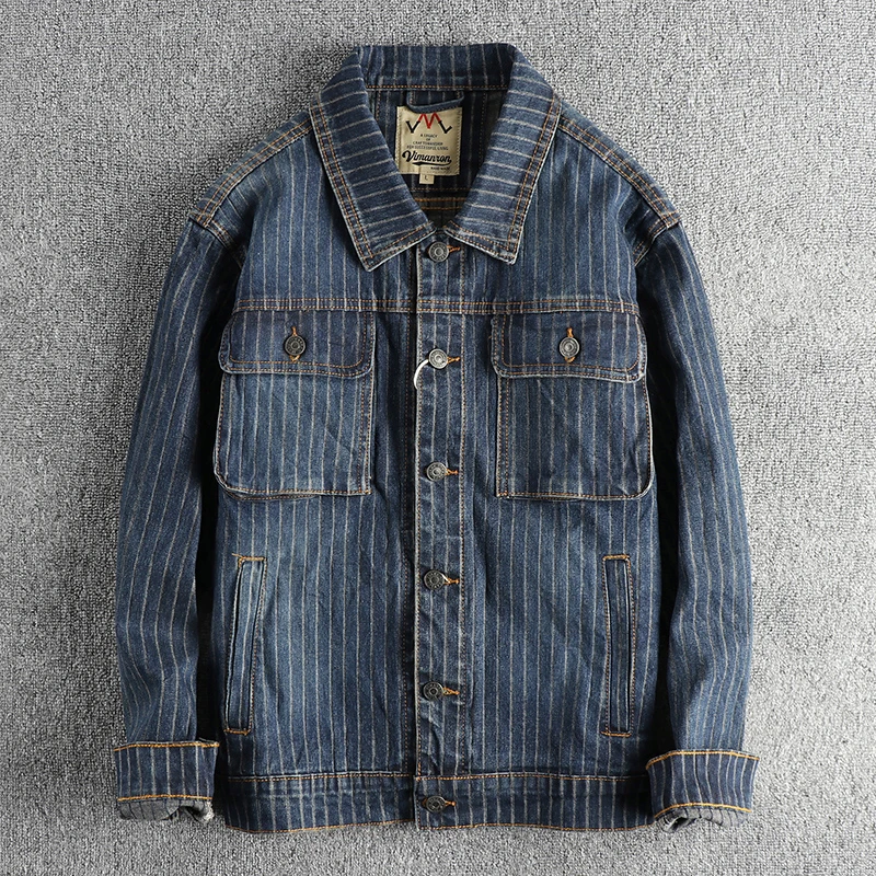 Autumn And Winter New American Retro Men\'s Striped Washed Old Casual Denim Jacket Fashion Loose Casual Coat