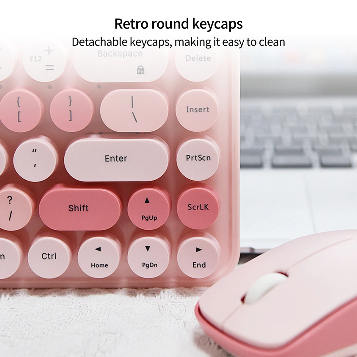 MOFii Pink Gradient Wireless Combo, 75% Compact Retro Round Detachable Keycaps Ergonomic 2.4G Keyboard Mouse
