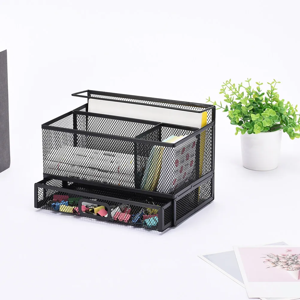 Metal Desk Organizer Pencil Holder Stable Mesh Grid Design with Drawer Tray Anti-Skid Office Study Room Desktop Pen Holder Mesh