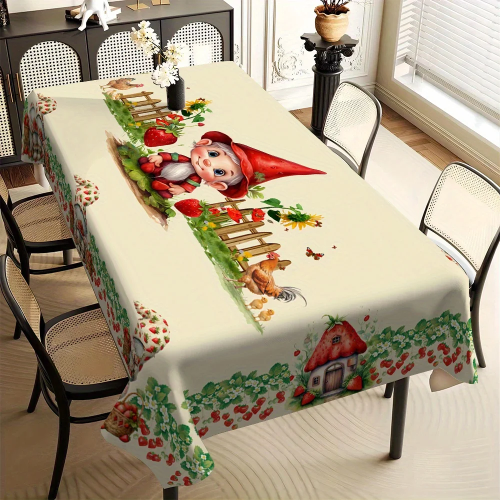 1pc 2D Flat Tablecloth, Strawberry Gnome Country Style with Mushrooms, Butterflies & Garden Scene Printed Rectangle Tablecloth