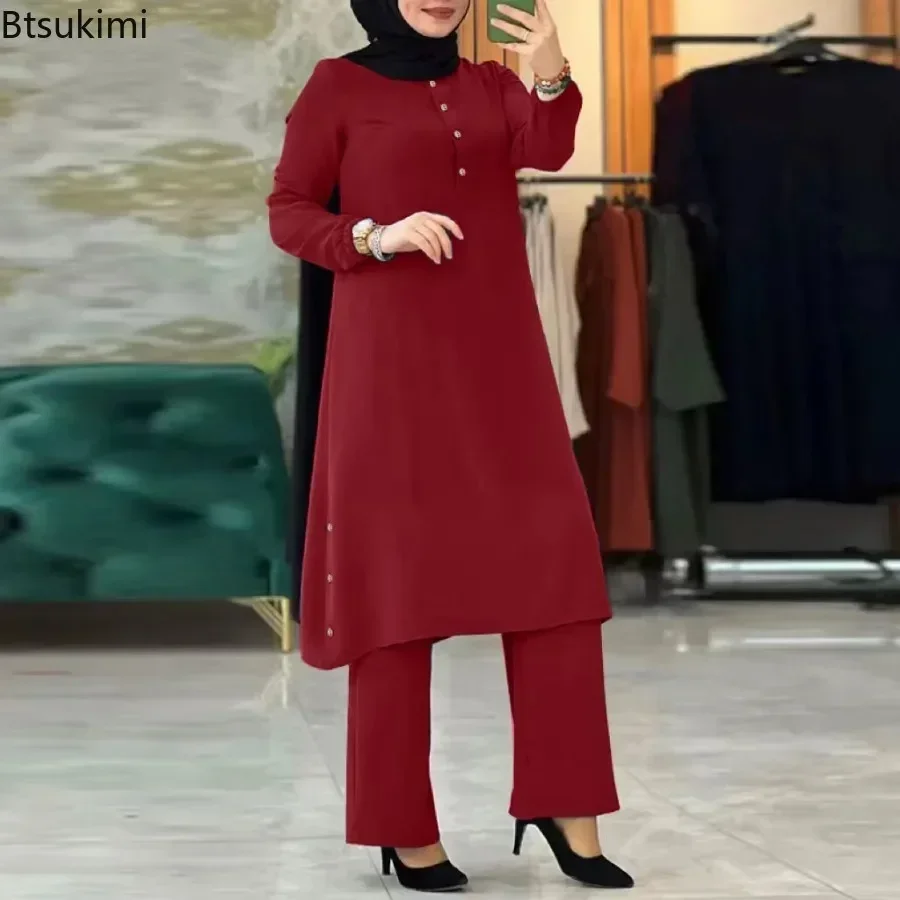 Arab Women Blouse Muslim Fashion Matching Sets Women\'s Elegant Tracksuit Casual Solid Shirt+Wide Leg Pants Suit Modest Clothing