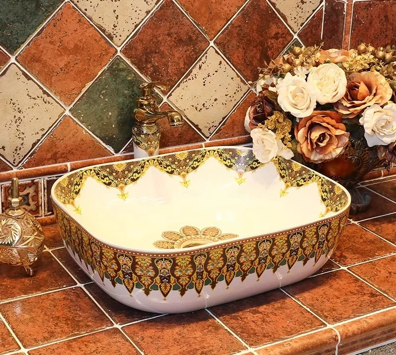 European Art Ceramic Countertop Basin, Vintage Hand Wash Sink for Bathroom, Home Vanity Washbasin