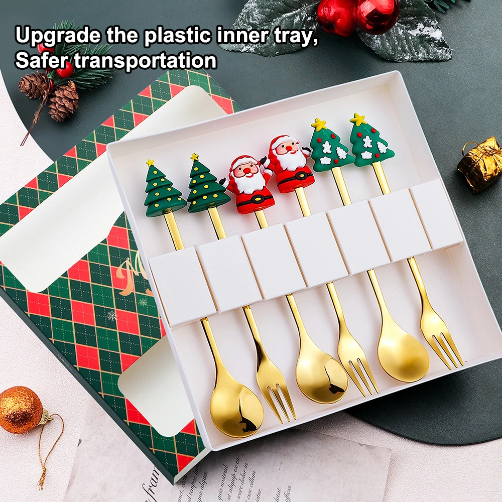 2/4/6/8Set Christmas Spoon Fork Set Stainless Steel Coffee Tea Dessert Spoon Fruit Fork Creative Xmas Party Tableware Cute Doll