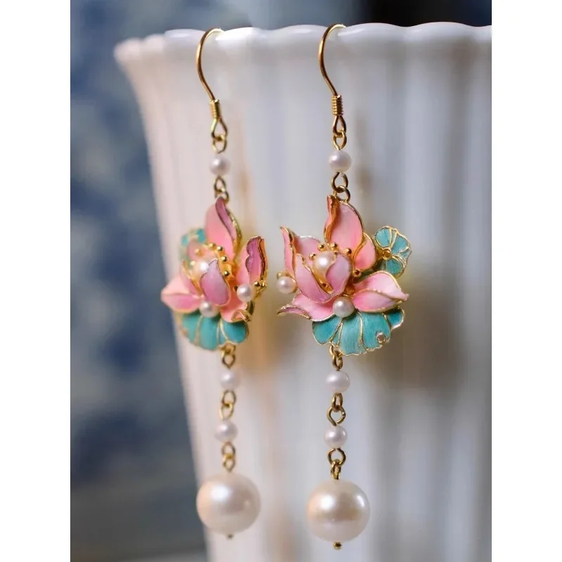 

Chinese Gilt Imitation Dotted Emerald Silk Burnt Blue Inlaid Pearl Lotus Tassel Earrings Women's Fashion Hanfu Dress Accessories