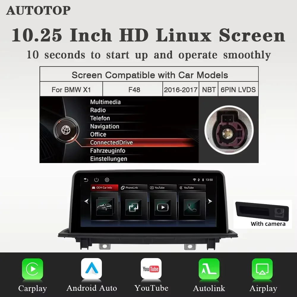 10.25“ Draadloze CarPlay Android Auto Multimedia Speler voor BMW X1 F48 2016 2017 NBT voor YouTube BT AUX GPS Autoradio Hoofdunit