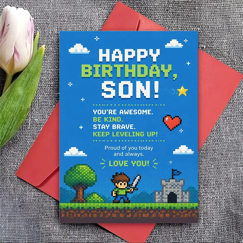 1 Pixel Art Style Exquisite Greeting Card, Happy Birthday Card for Son, Gamer Adventure Theme, Love from Parents