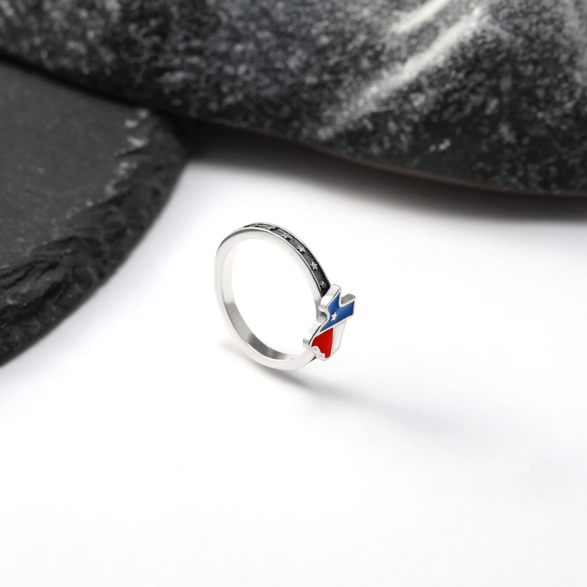 S925 Silver Texas State Map Enamel Ring Colorful Texas Flag Pattern Finger Ring Star‑Decorated  Jewelry Gift for All‑gender