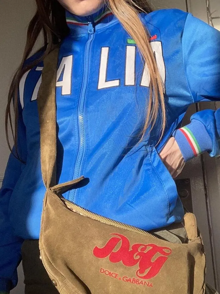 Aesthetics 2000s Women\'s Autumn Italian Flag Blue Large Sweatshirt Y2kStreet Trend Long Sleeve Zipper Vintage Sweatshirt