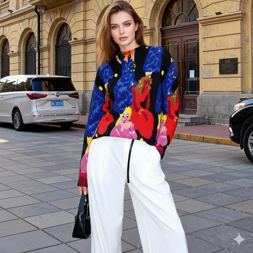 

Miyake плиссированная новая весна-осень 2026, футболка с длинными рукавами и принтом, женские универсальные модные тонкие топы, трендовая женская одежда