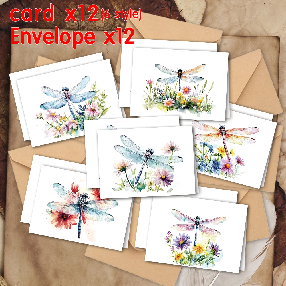 24-teiliges Grußkarten-Set mit Aquarell-Illustrationen, Umschlägen, Libellen- und Blumenmotiv, DIY-Einladungskarten, multifunktionaler Spaß – Detail 4