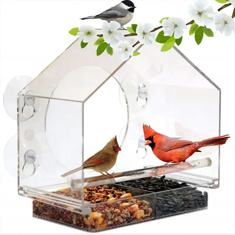 Transparent Acrylic  Window Bird Feeder Hanging Bird Feeder House with Suction Cup for Garden Outdoor Backyard Wildlife Birding