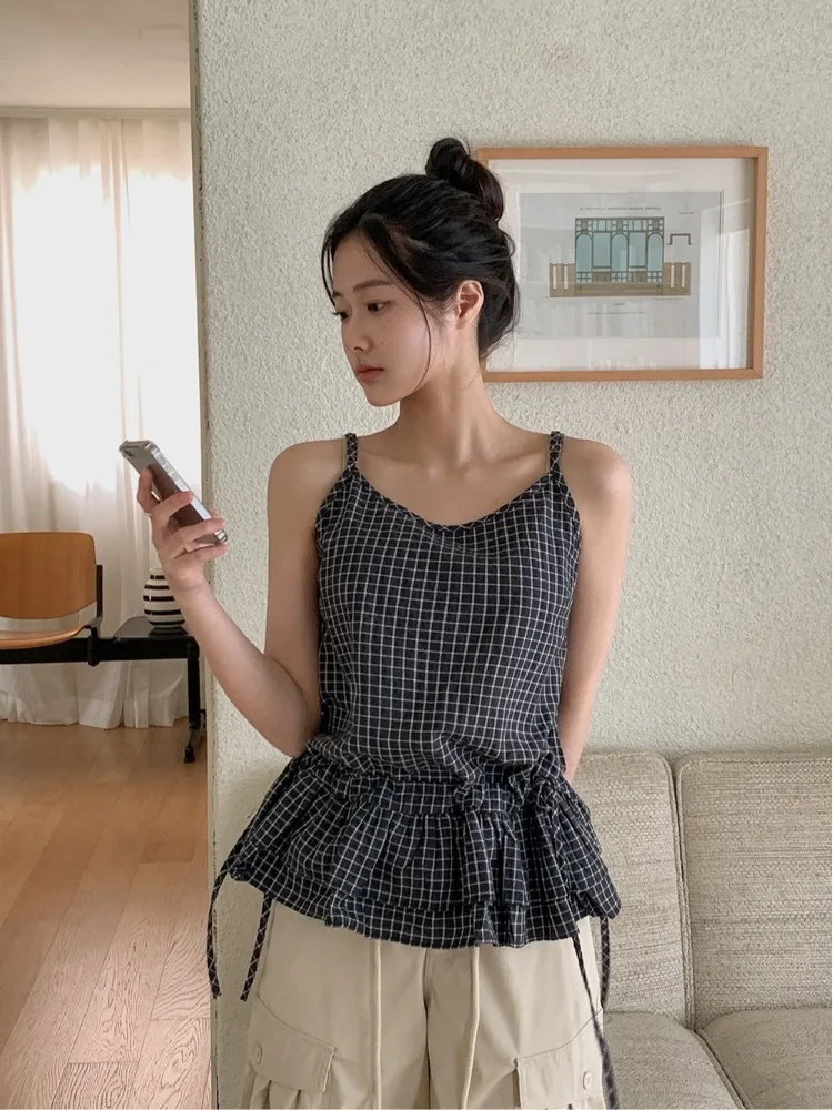 Summer New Women's Plaid Design Sense Drawstring Ruffle Hem Vest Versatile Retro Atmosphere Belted Strap Tops Outerwear