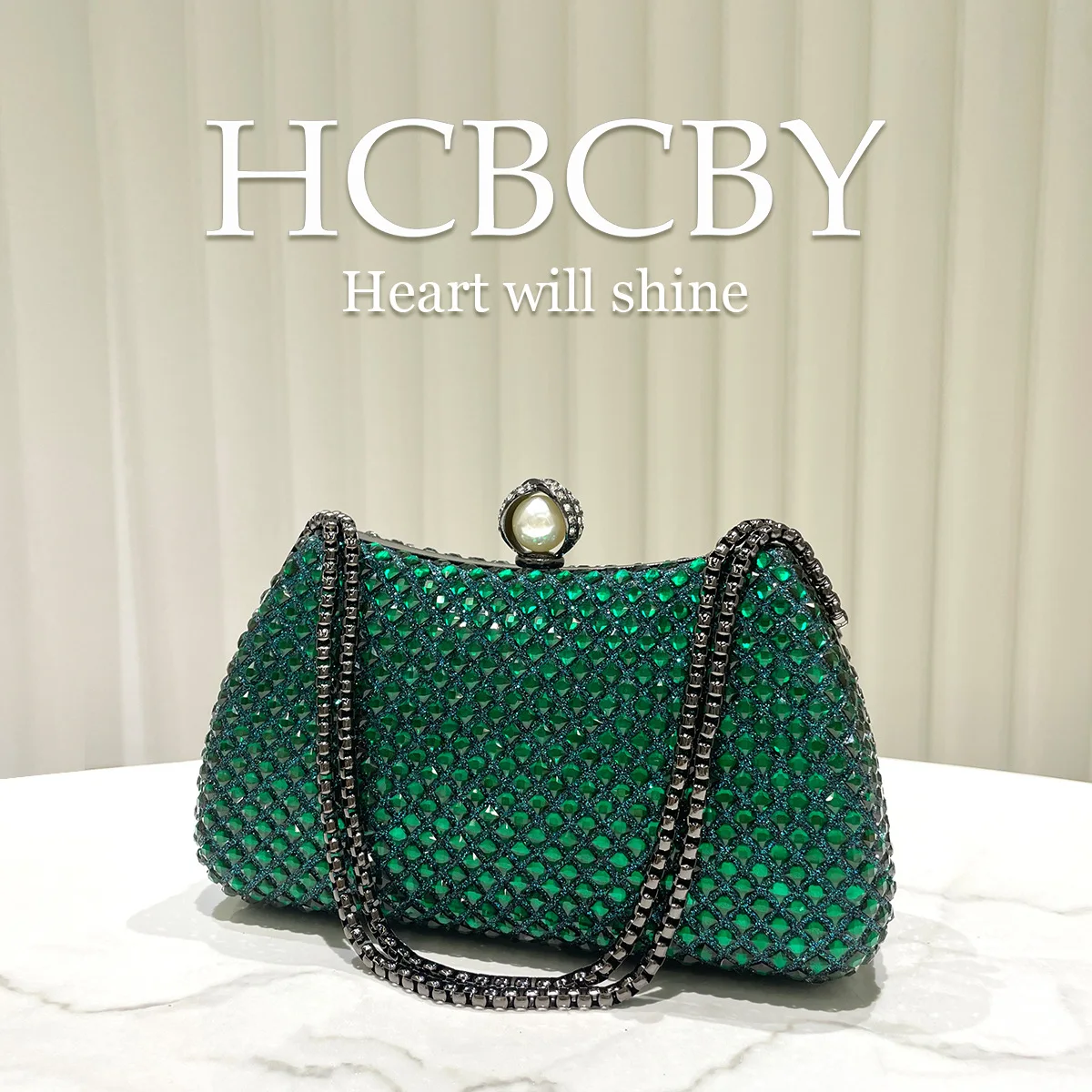 Dark green light luxury flash hot diamond box type dinner bag, women's fashion temperament high-end handbag handbag handbag - view 6