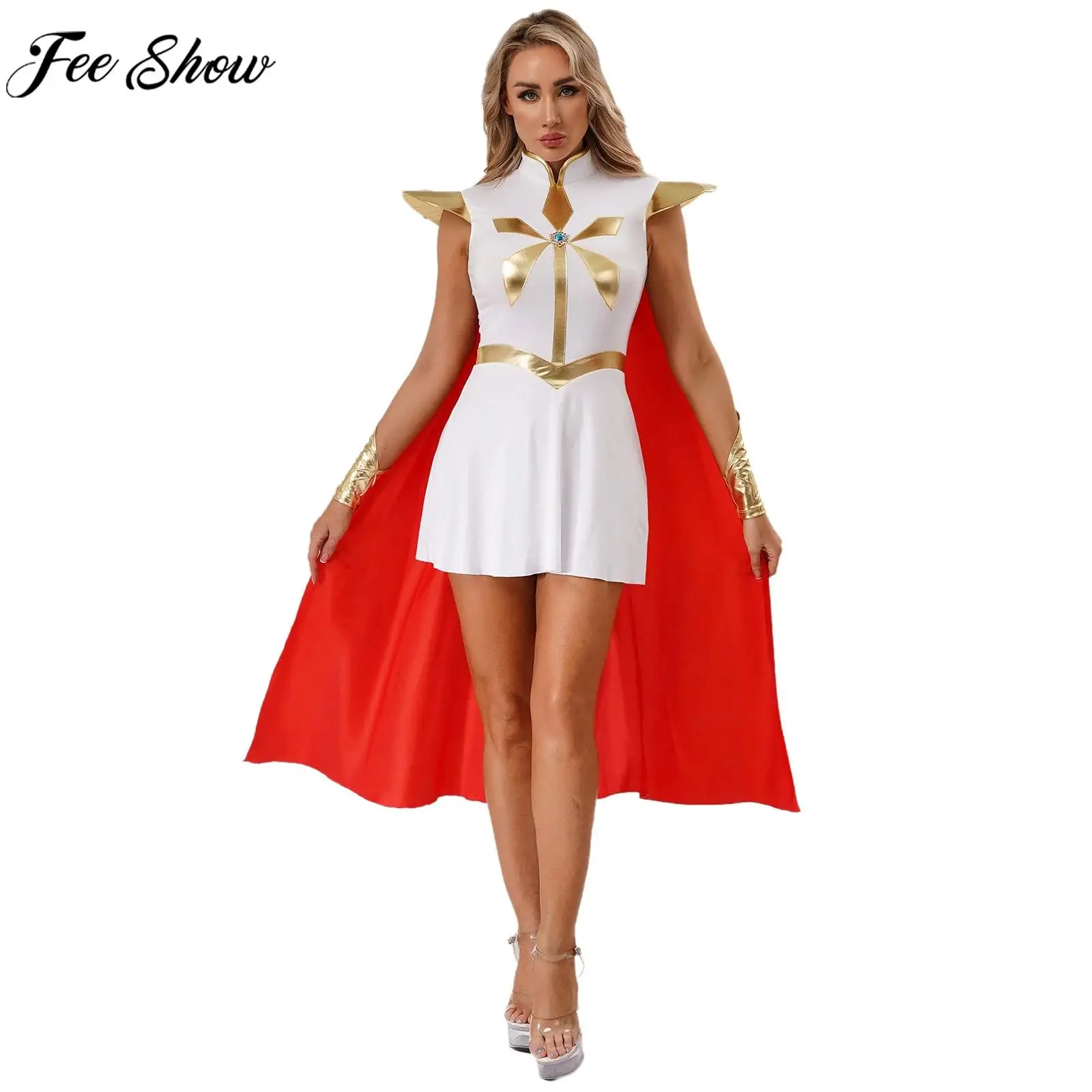

Women Power Princess Cosplay Costume Metallic Shiny Cap Sleeve Dress with Detachable Cloak And Cuffs for Halloween Carnival
