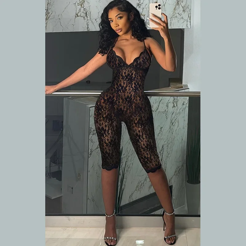 

Женские сексуальные прозрачные кружевные комбинезоны, v-образный вырез, без рукавов, на бретельках, с открытой спиной, обтягивающие костюмы для ночного клуба, Y2K комбинезоны