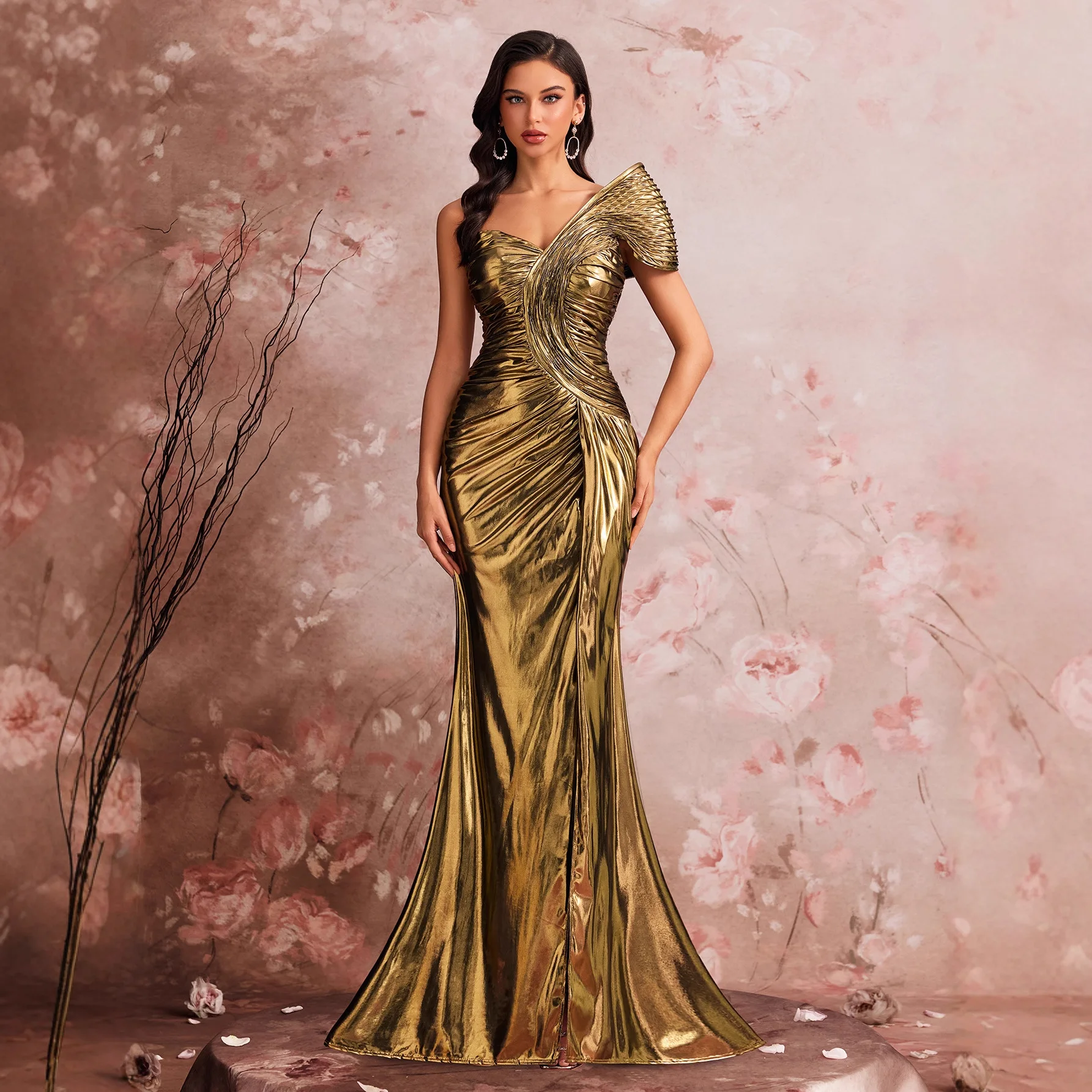 Metallic Gold Asymmetric One Shoulder 3D Pleated Ruched High Slit Mermaid Floor Length Evening Prom Maxi Gown