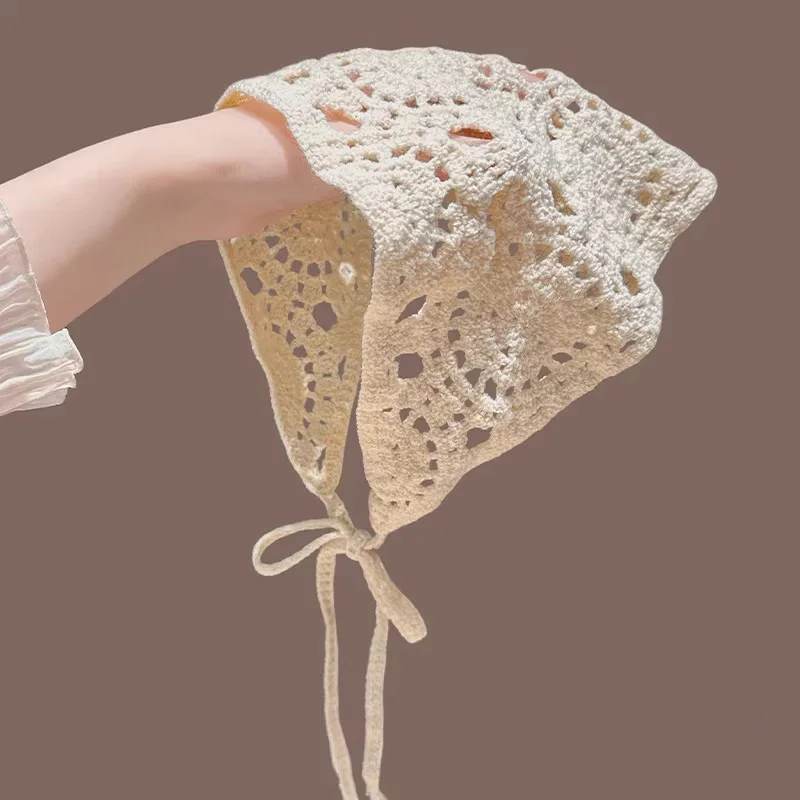 

Мягкий бежевый треугольный платок ручной работы с цветочным узором, богемный кружевной ажурный головной убор для девочек, летние модные аксессуары для волос