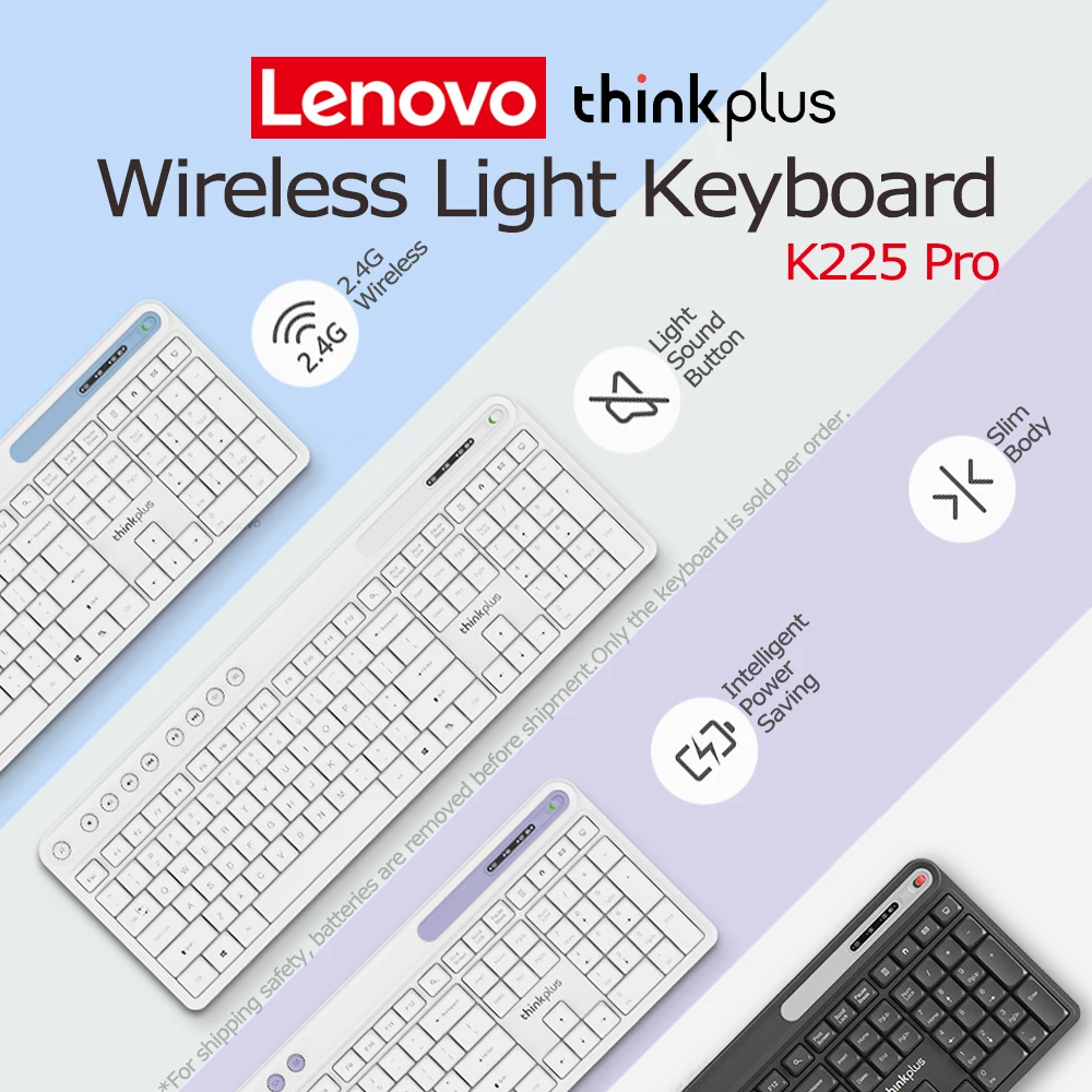 Klawiatura Thinkplus Wireless Light Sound K225 Pro Lenovo 2.4G Wodoodporna, wąska, kolorowa, modna do laptopów PC Notebooki do pracy