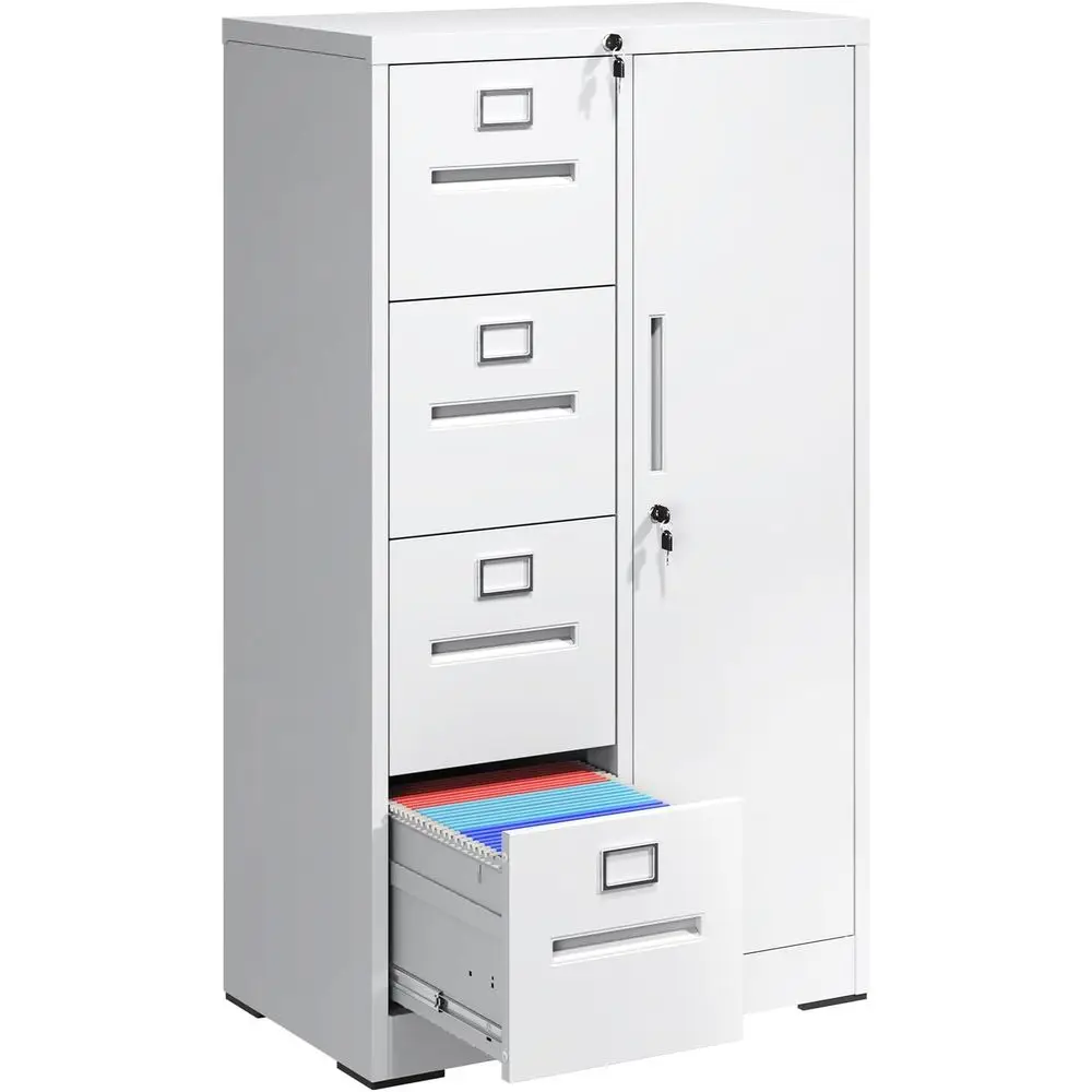 

White 4-Drawer Lockable Cabinet with 1 Door and Storage Shelves, Suitable for A4/Legal/Letter Files, Assembly Required