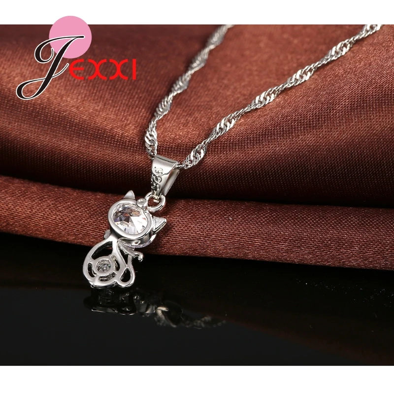 925 Sterling Silver Cubic Zirconia Wedding Jewelry Sets AAA CZ Crystal  Cute Animal Cat Necklace Earrings Women Collar
