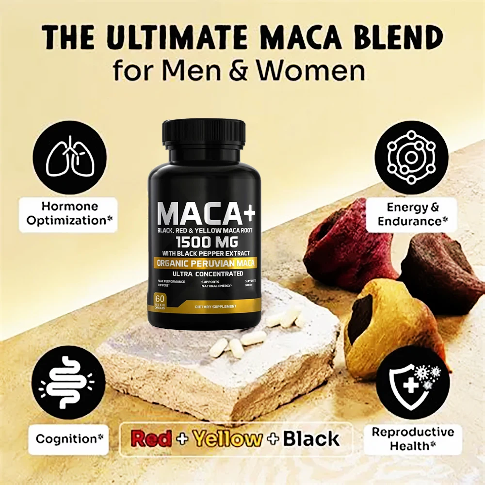 

Organic Maca Root Powder Capsules - Black, Red & Yellow - 1500mg per Serving - Non-GMO, Gluten-Free, Vegan - (60 Capsules)