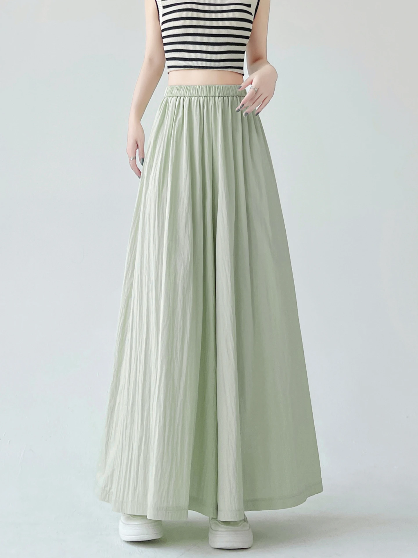

Green Silk Cotton Wide Leg Pants Skirt Women Summer New Thin High Waist Loose Straight Drapey Nine Point Pants Casual Trousers