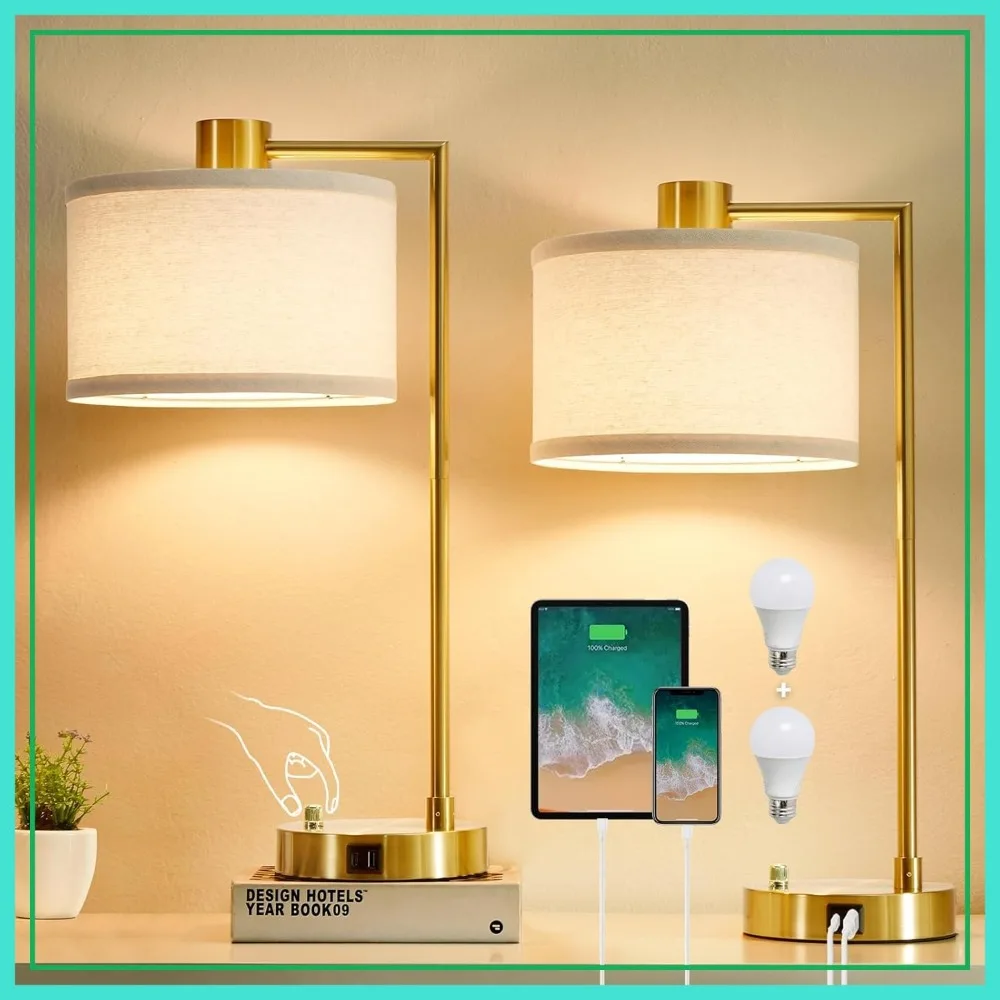 

Set of 2 Stepless Dimmable Table Lamps with USB C+A Ports, Linen Lampshade, 2 LED Bulbs Included, Gold
