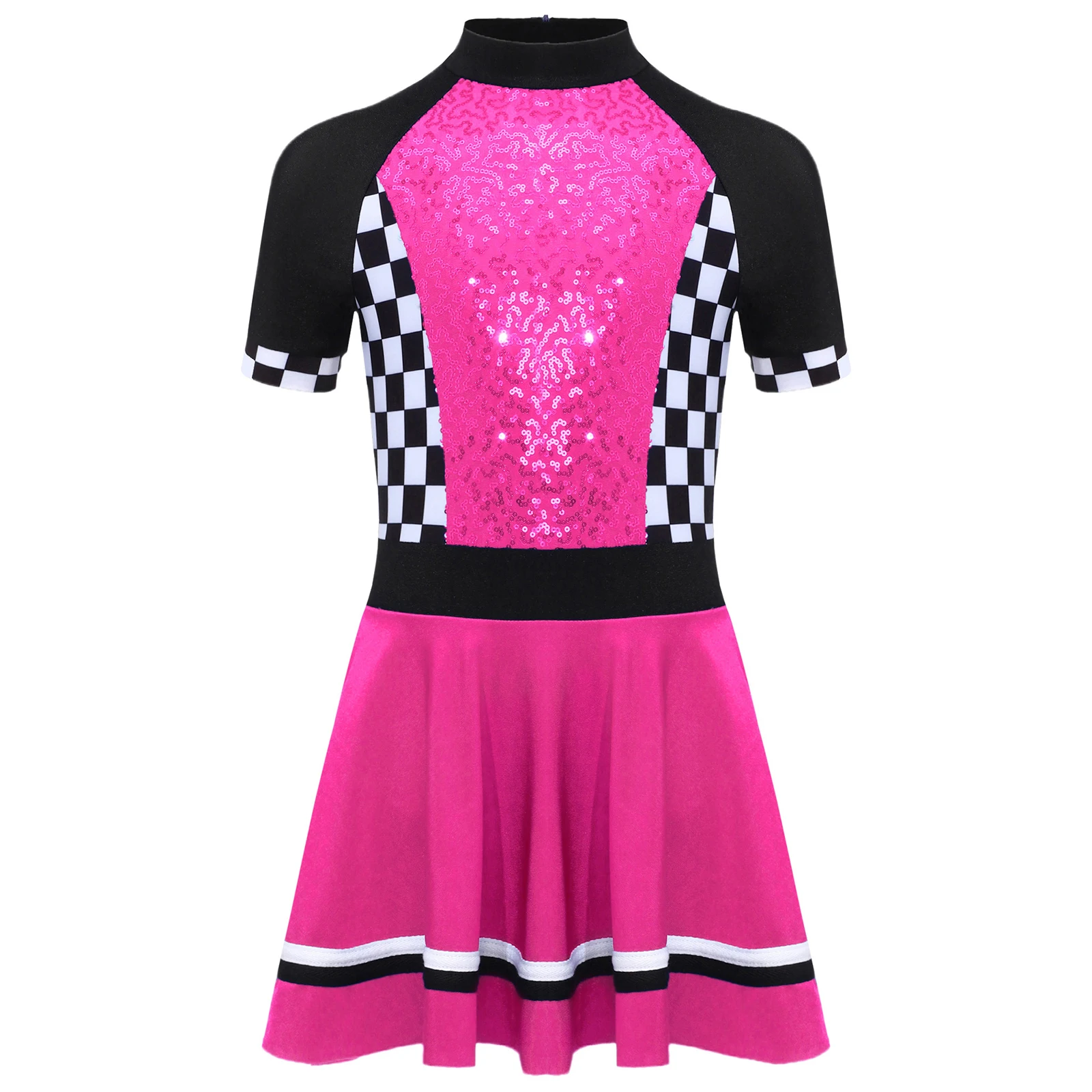 

Halloween Girls Racing Driver Cosplay Costume Short Sleeve Invisible Zipper Checker Board Shiny Sequins Dress for Theme Party