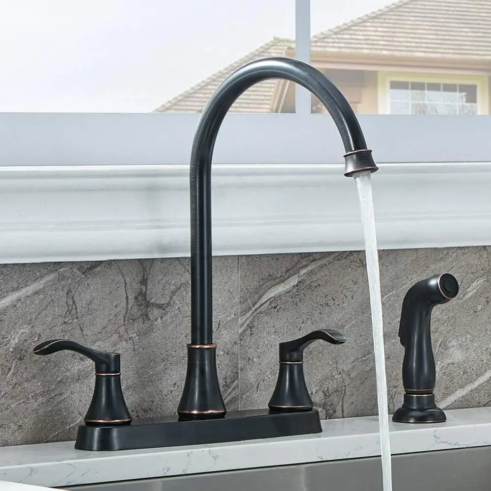 

3-Hole 2-Handle Kitchen Faucet with Side Sprayer, Oil Rubbed Bronze, High-Arc Spout, Lead-Free, for RV Sinks, VADR0004H