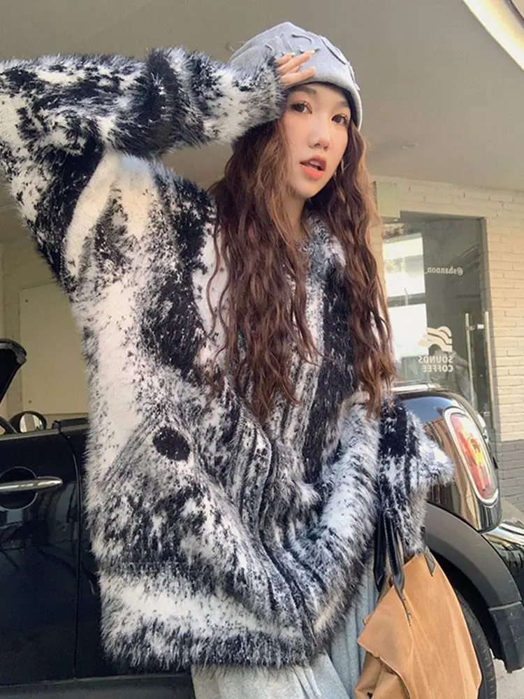 Autumn Winter Lazy Style Splashed Ink Imitation Mink Fur Knitted Sweater Men Women American Retro Warm Loose Sweater Cardigan