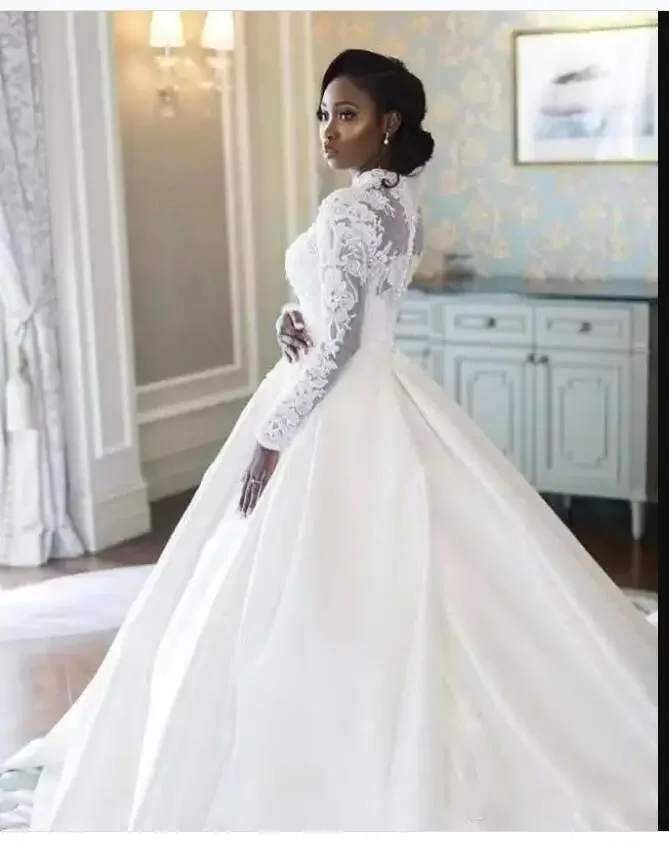 Clássico alta pescoço africano vestidos de casamento tamanhos grandes capela trem vestidos de novia mangas compridas rendas apliques vestidos de noiva