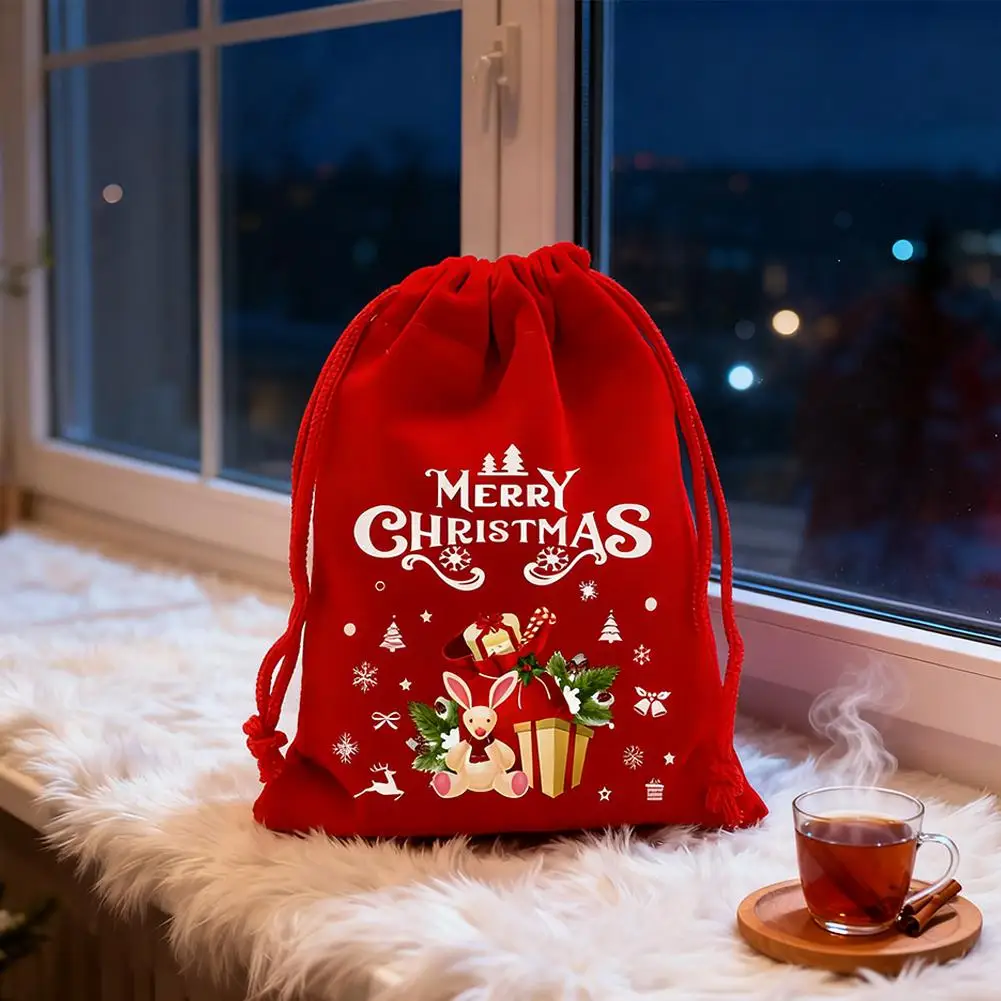 2025 bolsas de terciopelo navideñas, bolsa de dulces con cordón, bolsa de embalaje de galletas para fiesta de regalo roja, bolsas verdes, bolsa de Navidad, almacenamiento de regalo P3M2