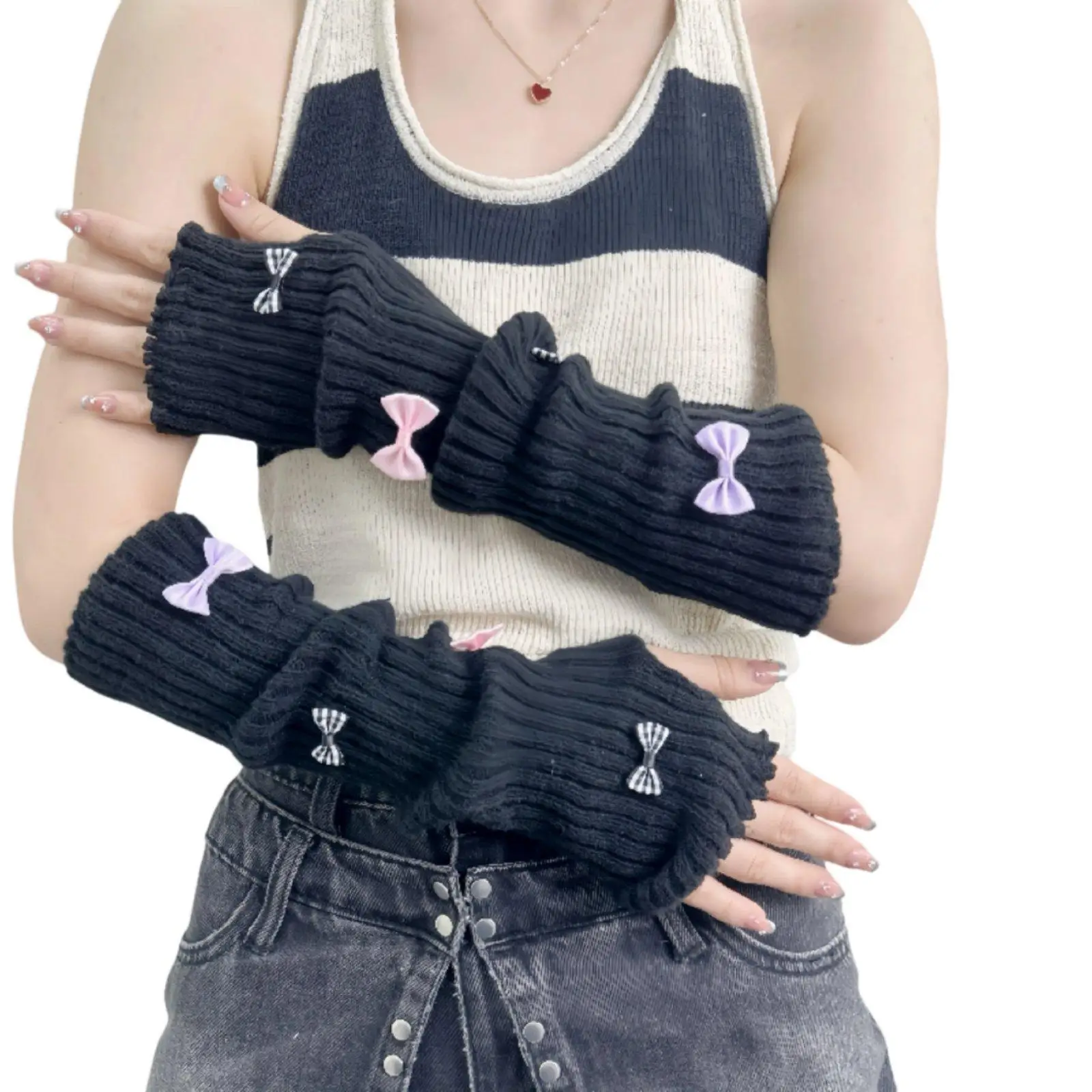 Fingerless Gloves Knit Arm Warmers Cute Tassel Ribbons for Cosplay