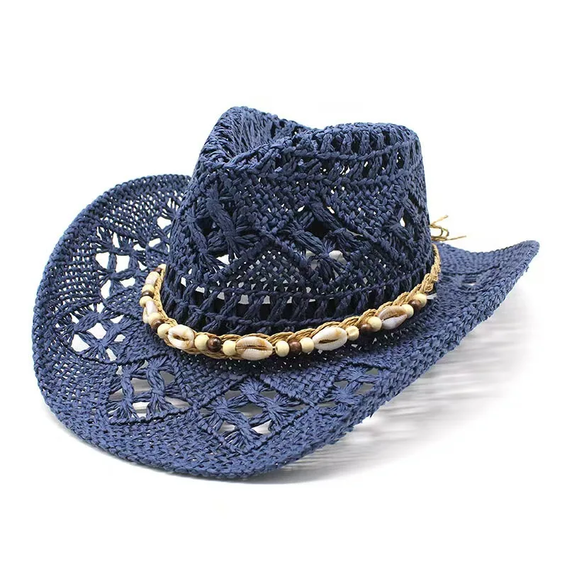 Vintage Sommer Strand Bohemian Strohhut mit Muscheln für Damen und Herren, Western Cowboyhüte mit Holzperlen, Ausgehöhlter Sonnenhut, Urlaubsmütze – Detail 10