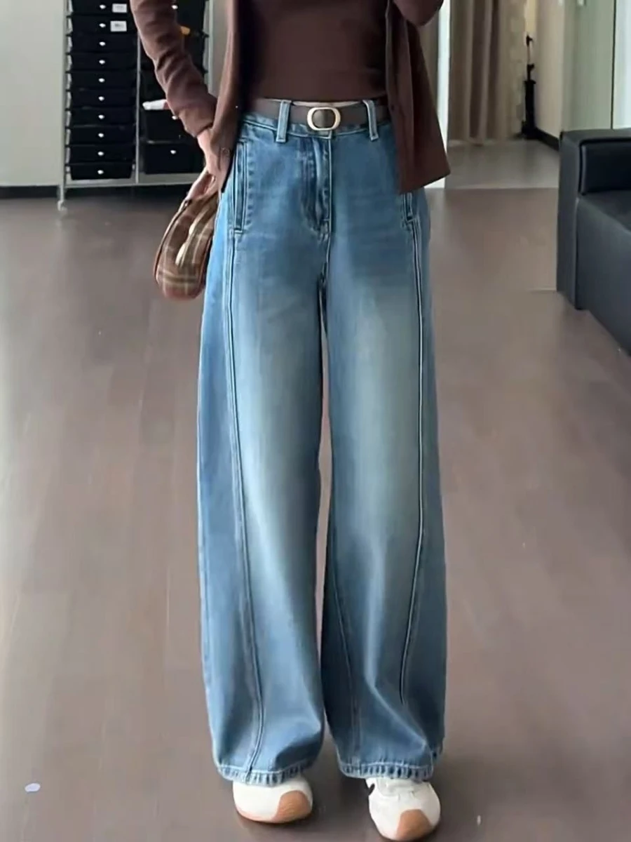 

American Sle Vintage Waed Denim Jeans Women's High Waist Slimming Loose Wide Leg Pants Straight Cut Autumn Winter New Arr...