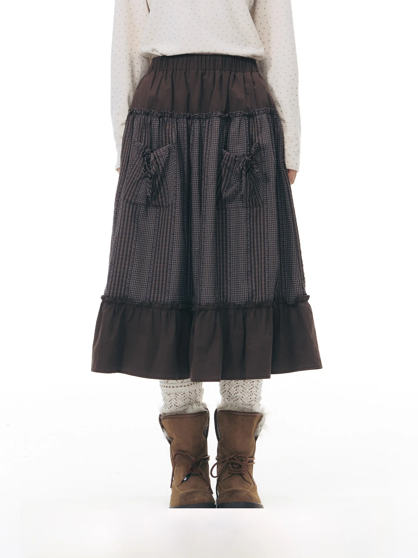 

Новая женская весенняя юбка NAPSNAPS Original Plaid Splicing Wooden Umbrella Skirt, А-силуэт, с эластичной талией, миди-длина