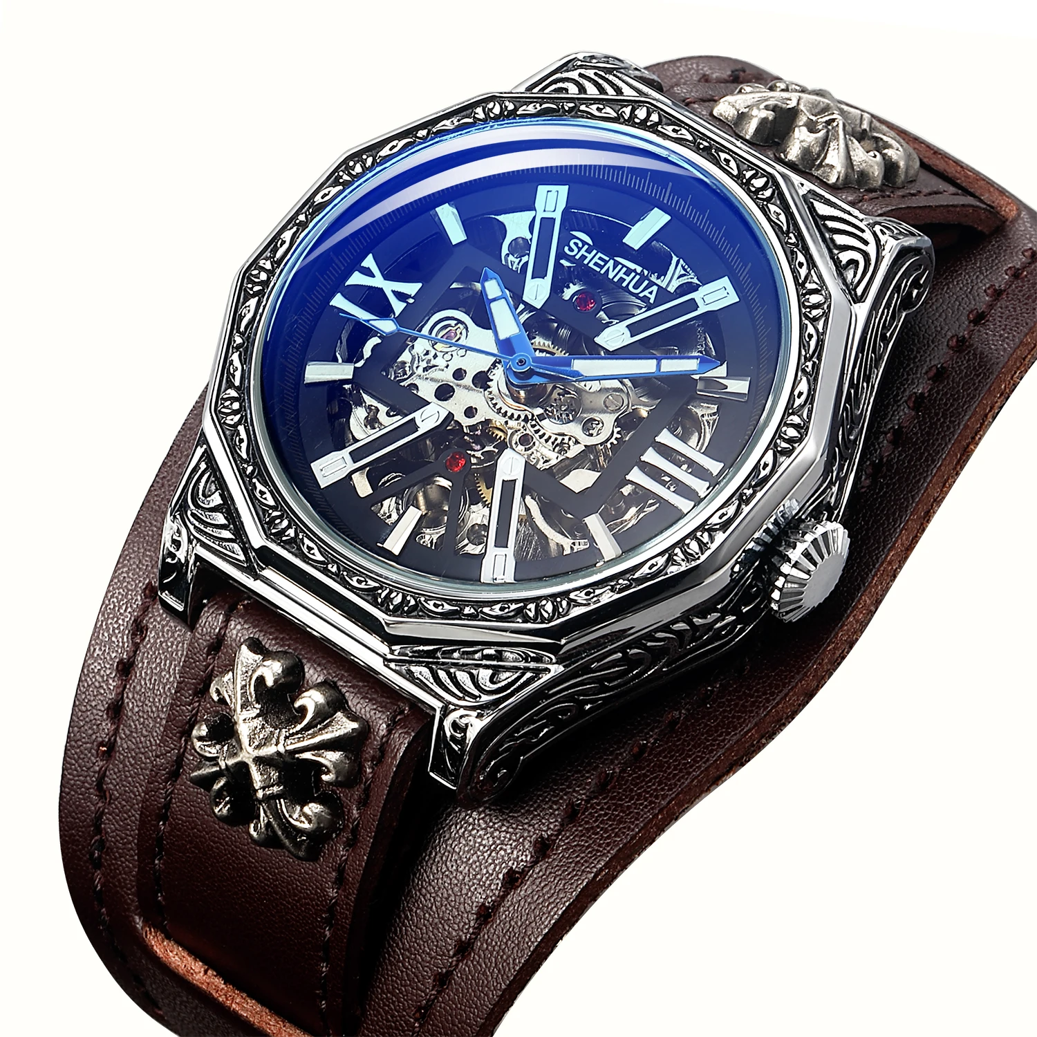 SHENHUA Luxury Steampunk Rock Style Wristwatch Retro Carving Man\'s Automatic Mechanical Watch Luxury Skeleton Waterproof Watch