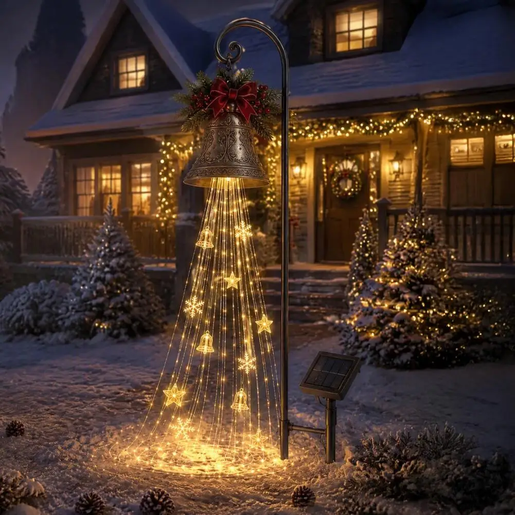 Weatherproof Outdoor Seasonal Lights Solar Christmas Bell Waterfall Light Led Metal Garden Stake with Ribbon Waterproof for Yard