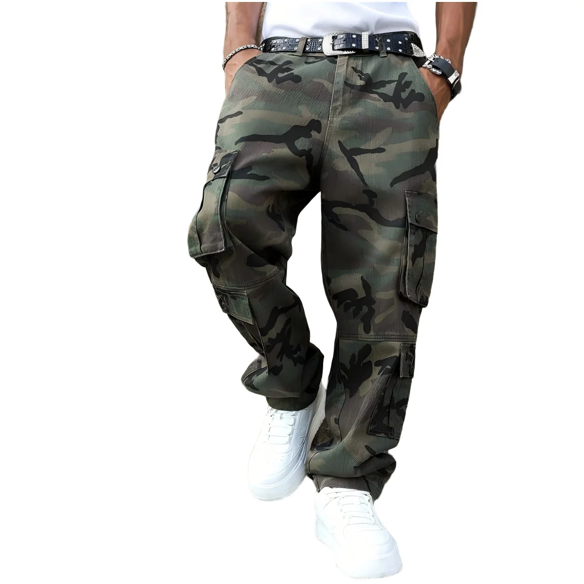 

Камуфляжная модная уличная одежда нового стиля: широкие брюки в стиле ретро, брюки-карго с несколькими карманами