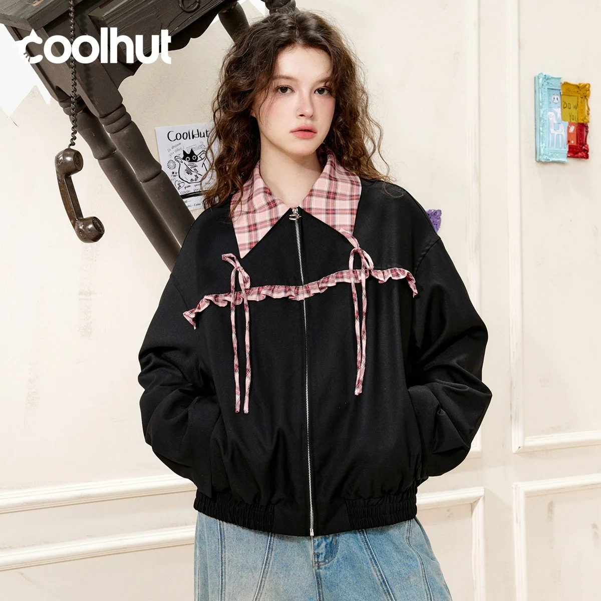 

COOHUT Женская весенняя блузка с клетчатым воротником 2025 | Топ с контрастным галстуком-бабочкой и лацканами | Свободная повседневная рубашка-туника Модная офисная одежда