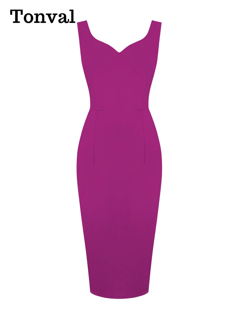 Tonval Sweetheart Neck Sleeveless Office Midi Pencil Dresses for Women 2023 Vintage Red Solid Elegant Slim Bodycon Dress